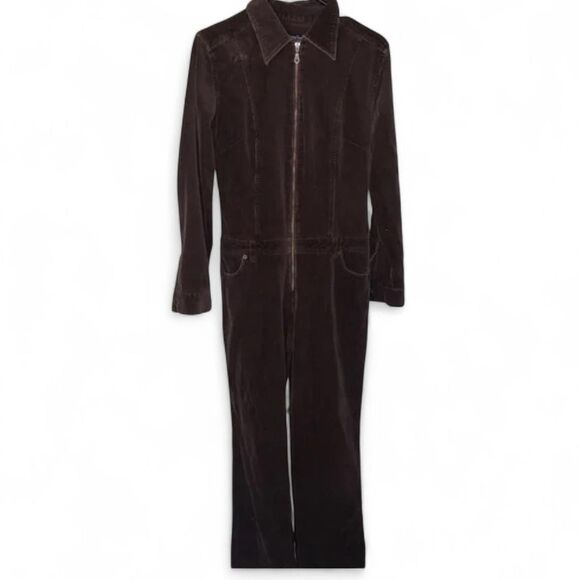 90's Y2K Chocolate Brown Corduroy Long Sleeve Zippered Jumpsuit. M. - Picture 8 of 11